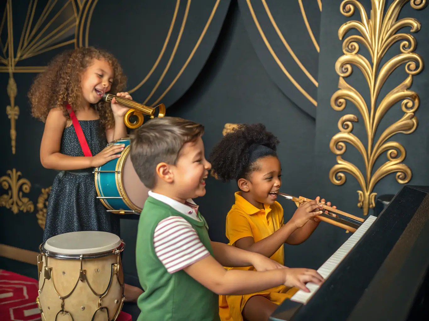 A cheerful image of children participating in a virtual music and movement class, with musical instruments and colorful scarves. The scene should convey a sense of joy and creativity.