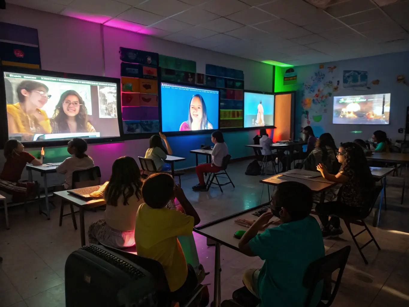 A vibrant image depicting children participating in a virtual circle time session, with a teacher leading the activity on a screen. The scene should convey a sense of engagement and interaction.
