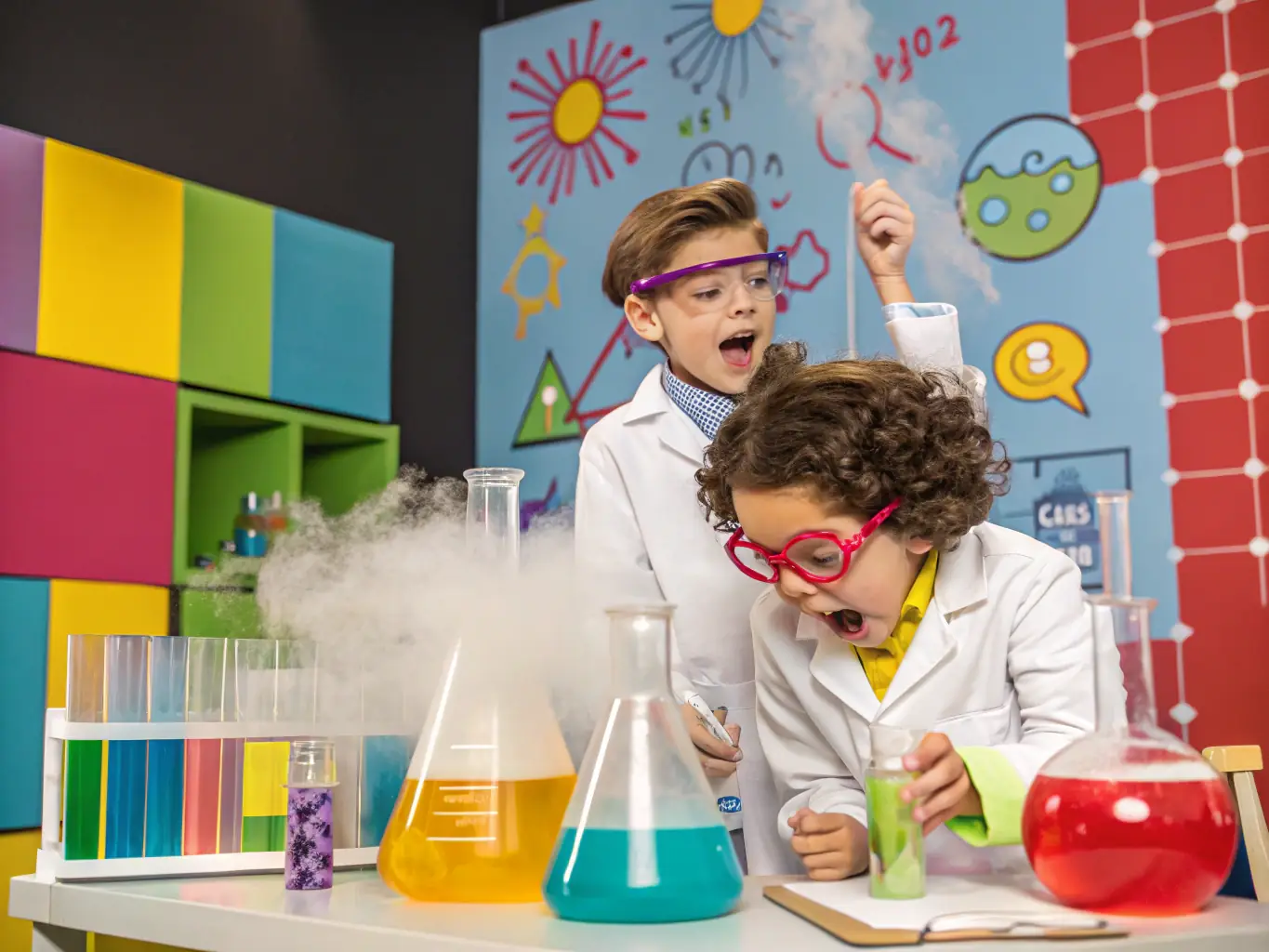 An image showing children engaged in a virtual science experiment, with colorful beakers and test tubes displayed on the screen. The scene should convey a sense of discovery and excitement.